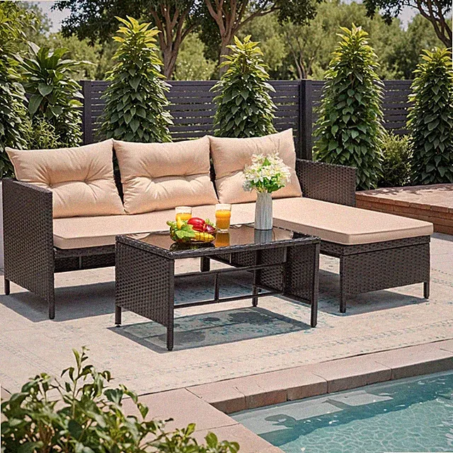 Greesum 3 Piece Patio Furniture Set Outdoor Wicker Rattan Sectional Sofa with Cu