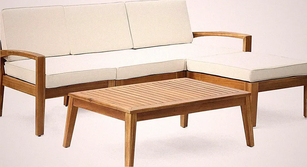 Grenada 5-Piece Teak/Beige Sectional Sofa Set with Coffee Table & Ottoman