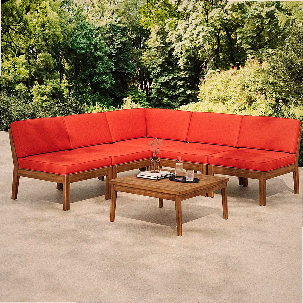 GRENADA 5 SEATER ACACIA WOOD SECTIONAL ARMLESS SOFA SET, TEAK+RED