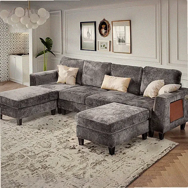Grey 118" U-Shaped Sectional Sofa with Ottomans & Foldable Table for Living Room