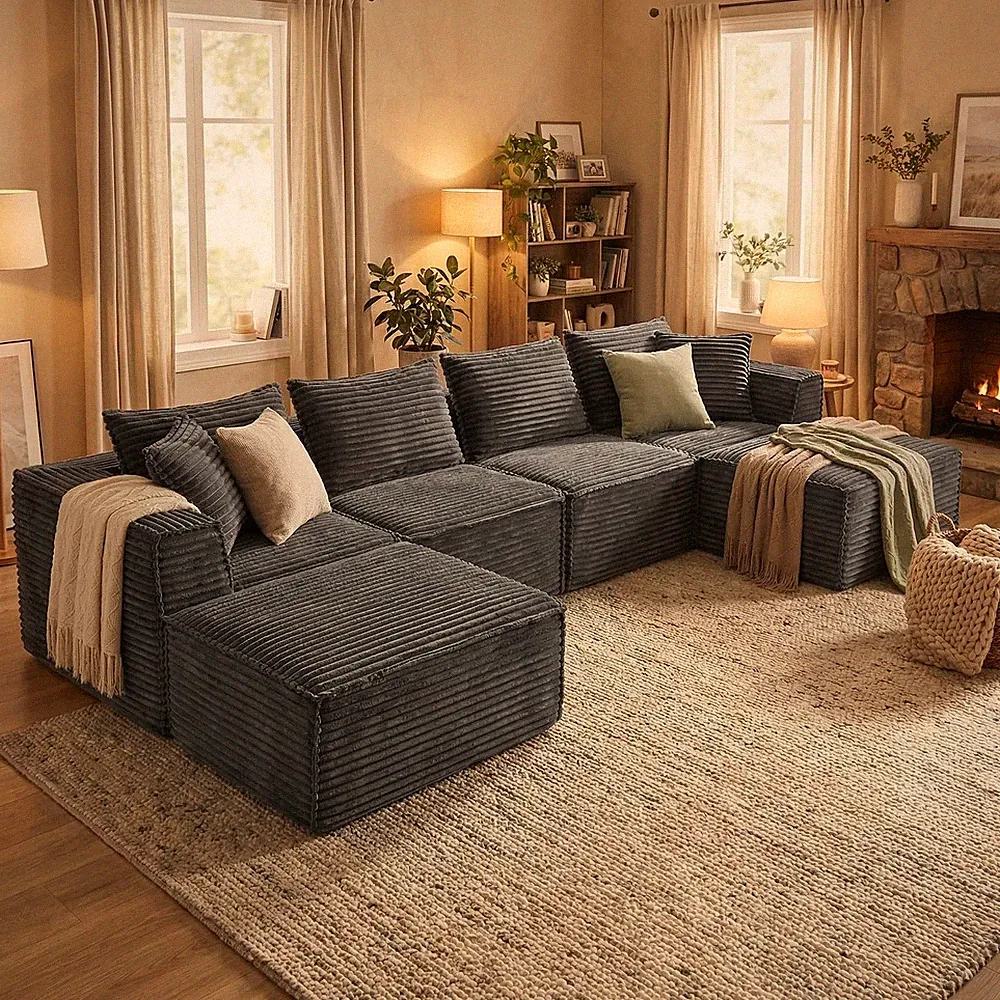 Grey 137" U-Shaped Cloud Sectional Sofa Corduroy Memory Foam Couch Chaise
