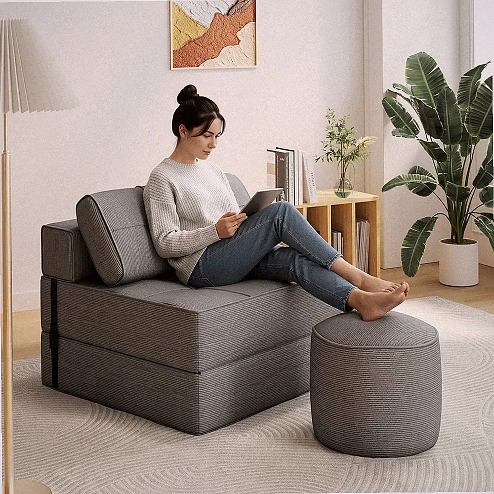 Grey 3-in-1 Folding Sofa Bed With Ottoman Modern Corduroy Floor Sleeper