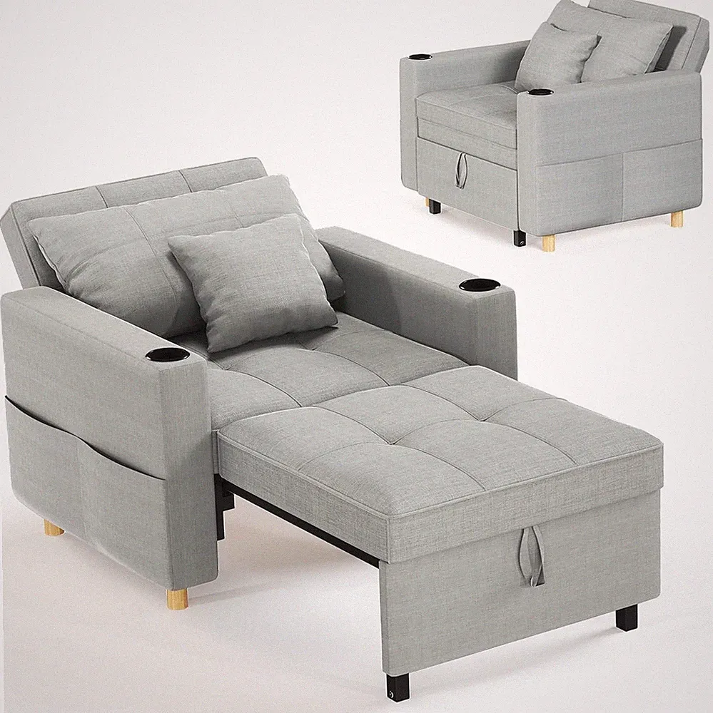 Grey 3-in-1 Sleeper Chair Pull Out Bed for Adults, Adjustable Backrest Sofa Loun