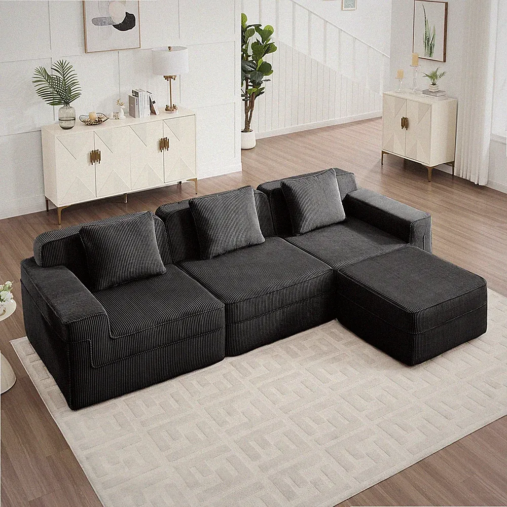 Grey 3 Seat L-Shape Sectional Sofa Cloud Couch w/ Ottoman, Corduroy Fabric