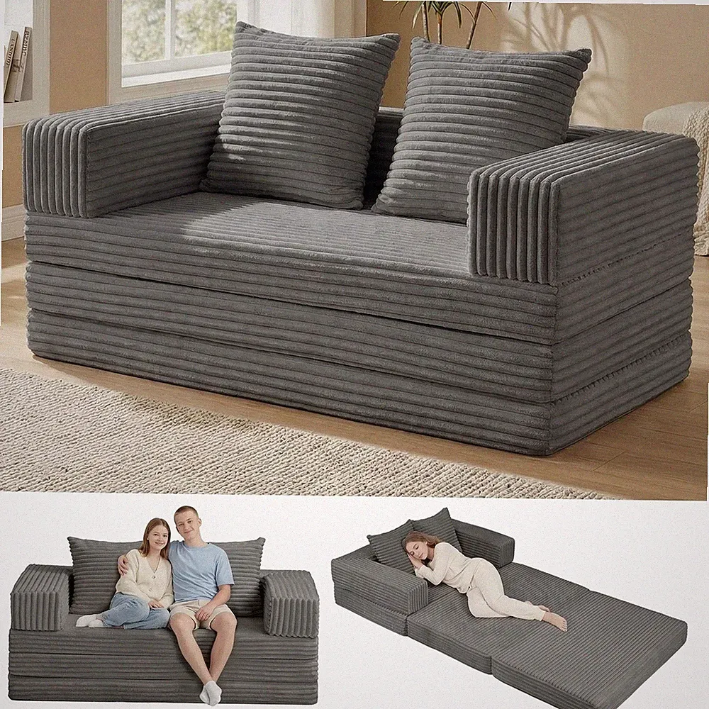 Grey 4-in-1 Convertible Loveseat Sofa Bed With Removable Armrests And Pillow