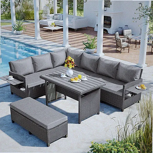 Grey 5-Piece Patio Sectional Sofa Set with PE Wicker & Side Tables