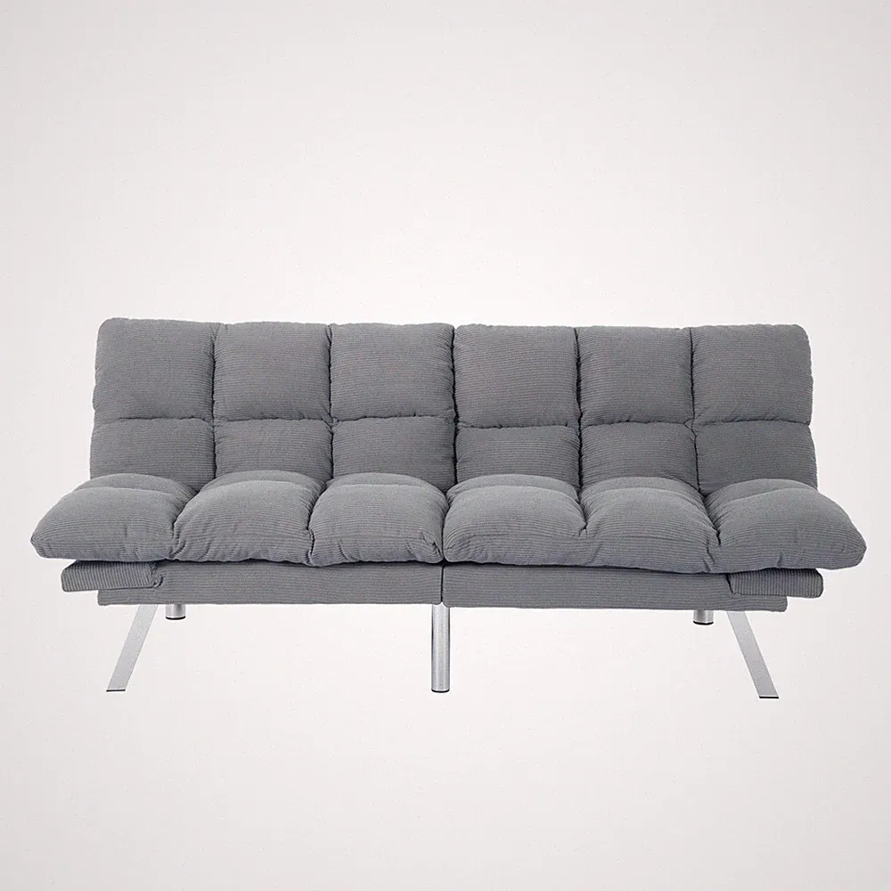 Grey 67" Corduroy Futon Sofa Bed Twin Sleeper Split Back Adjustable Armrest Wood