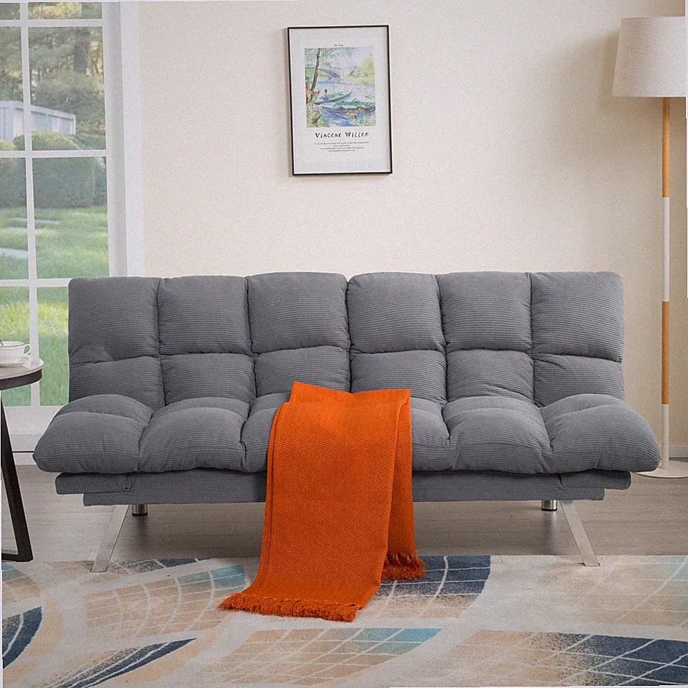 Grey 67" Corduroy Futon Sofa Bed Twin Sleeper Split Back Adjustable Armrest Wood