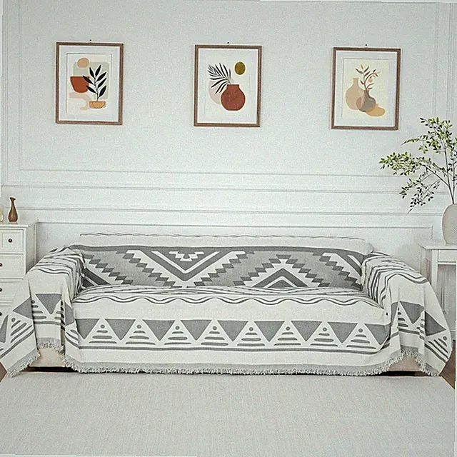 Grey Boho Geometric Sectional Couch Cover for Pets, Washable & Durable 71"x118