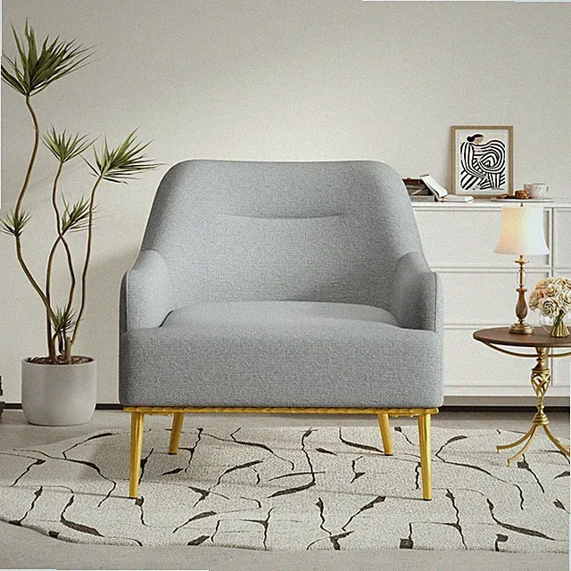 Grey Chenille Accent Chair Curved Back Armchair Gold Metal Legs Single Sofa