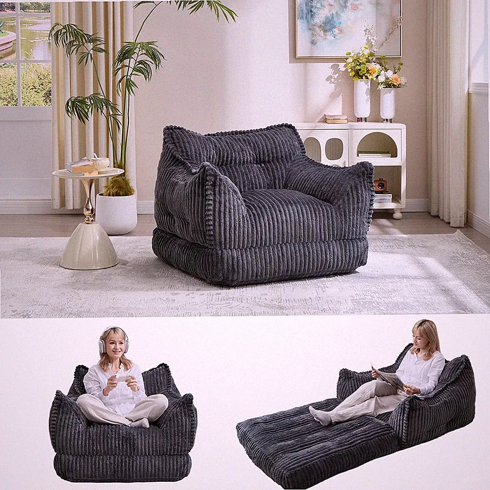 Grey Corduroy 2 In 1 Folding Sofa Bed Convertible Lounger For Adults
