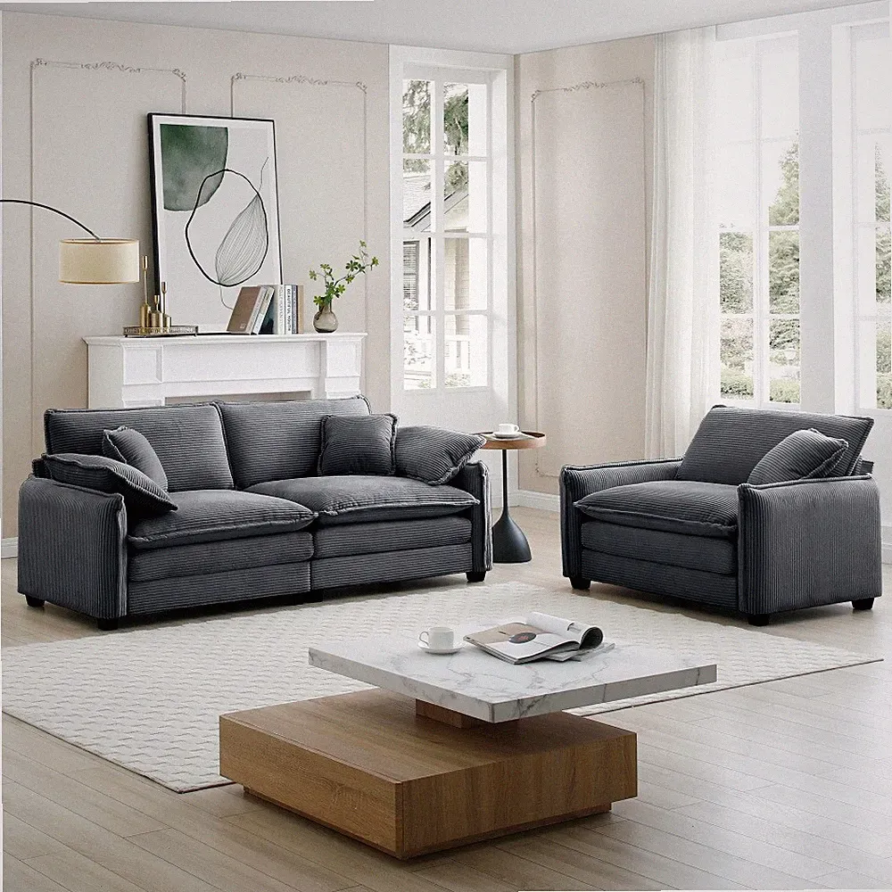 Grey Corduroy 2-Piece Sectional Sofa for Small Space, Retro Fabric