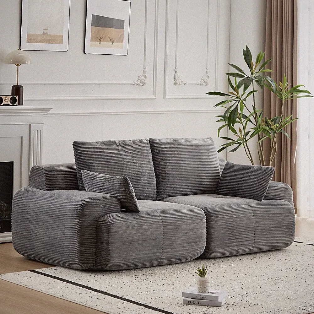 Grey Corduroy 2 Seater Sleeper Sofa, Memory Foam Sectional No Assembly
