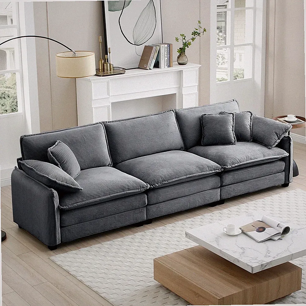 Grey Corduroy 3-Seater Sofa, Retro Modern Sectional Couch for Living Room