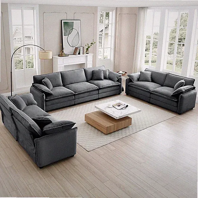 Grey Corduroy 7-Seat Sectional Sofa Set, Retro Living Room Couch w/ Cushions