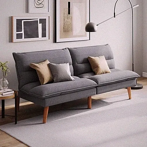 Grey Corduroy Futon Sofa Bed Sleeper Couch w/ Wood Legs Modern Design
