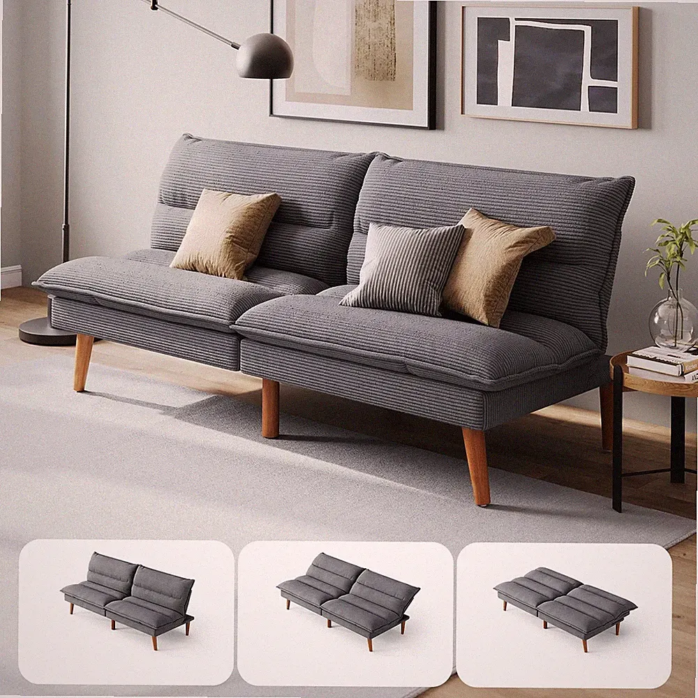 Grey Corduroy Futon Sofa Bed With Adjustable Backrest Modern Loveseat