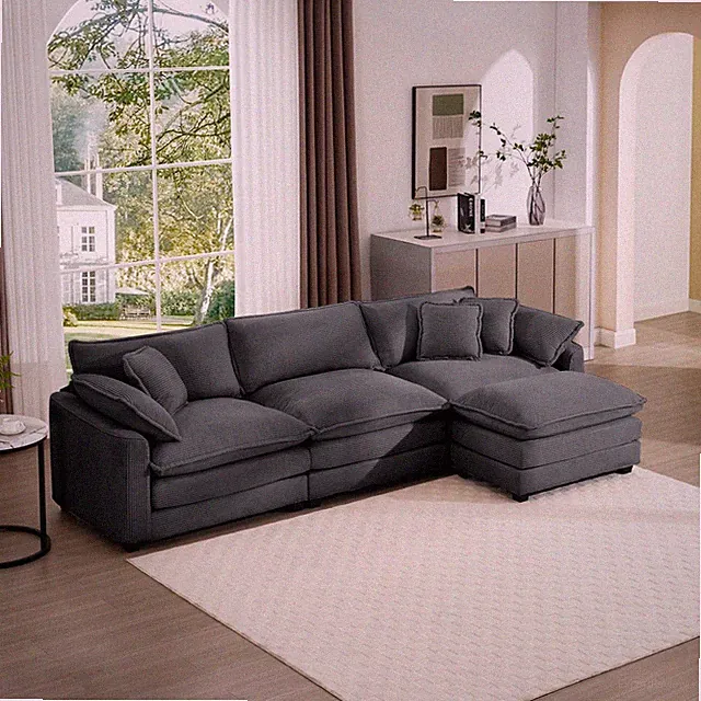 Grey Corduroy L-Shaped Sofa 3-Seater w/ Ottoman, Footrest, Small Living Room