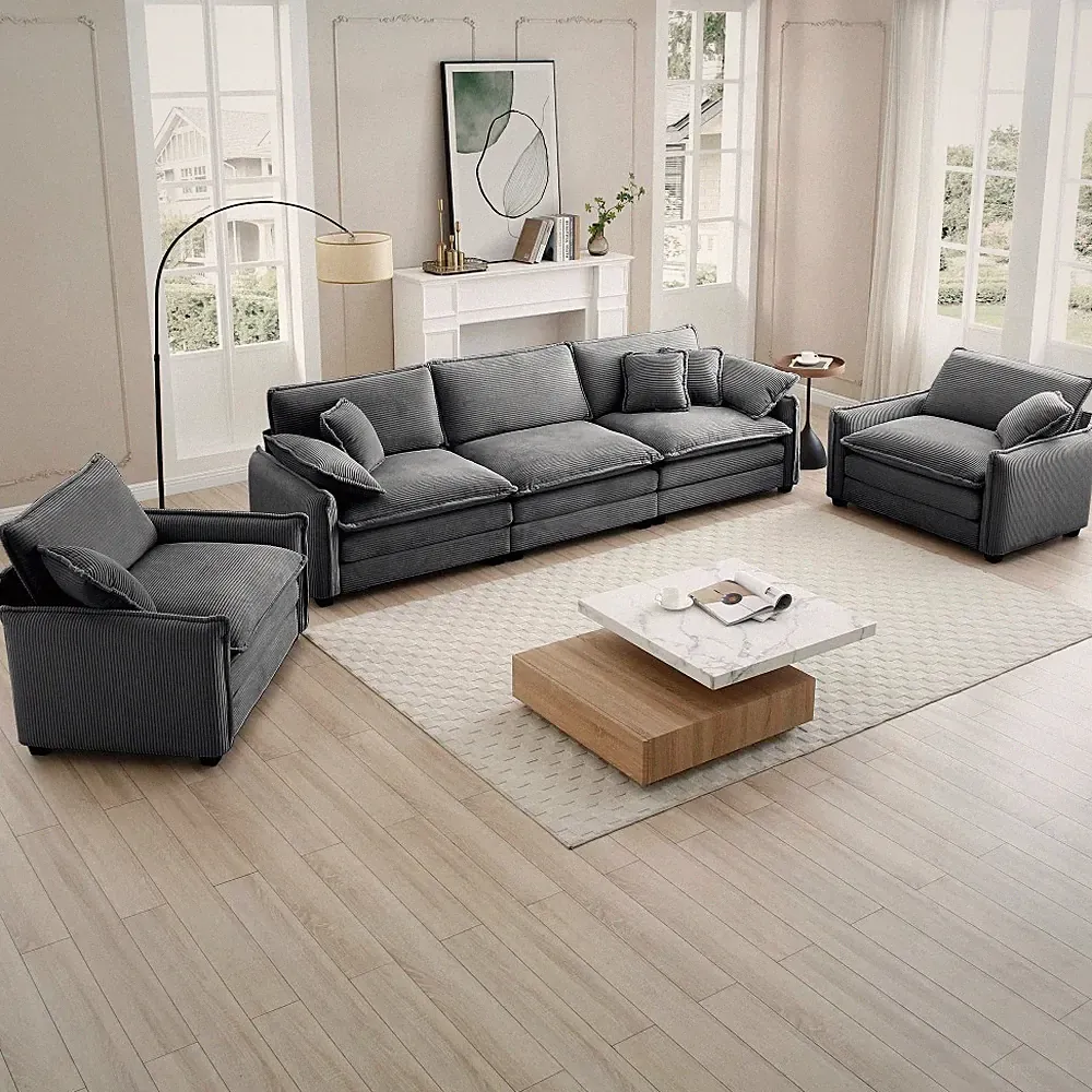 Grey Corduroy Sectional Sofa Set w/ Soft Cushions, 5 Seat, Home Theater Style