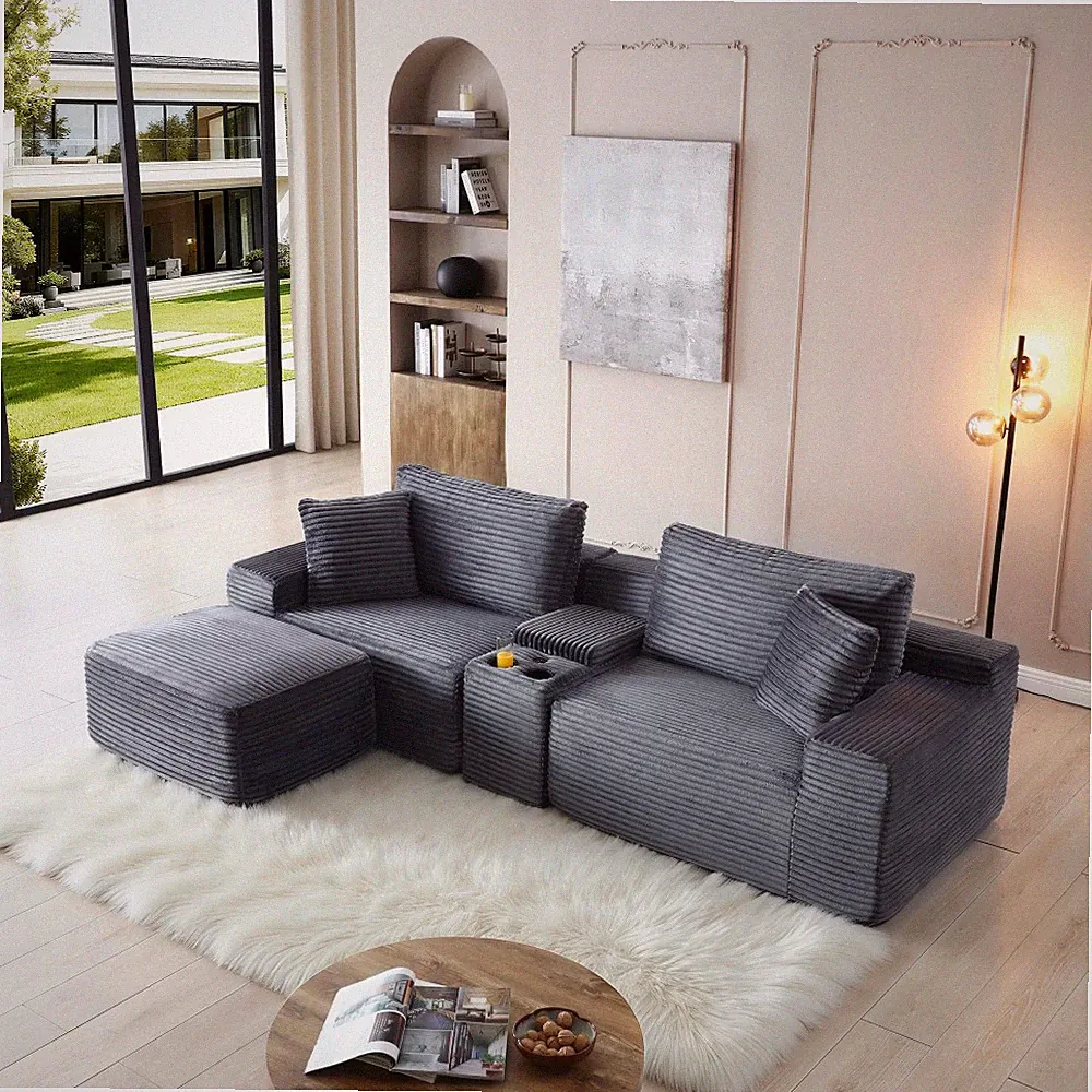 Grey Corduroy Sleeper Sofa Bed, Sectional w/ Storage & USB, No Assembly