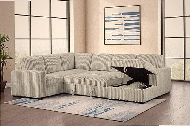GREY CORDUROY SLEEPER SOFA SECTIONAL POP UP CHAISE STORAGE LIVINGROOM FURNITURE