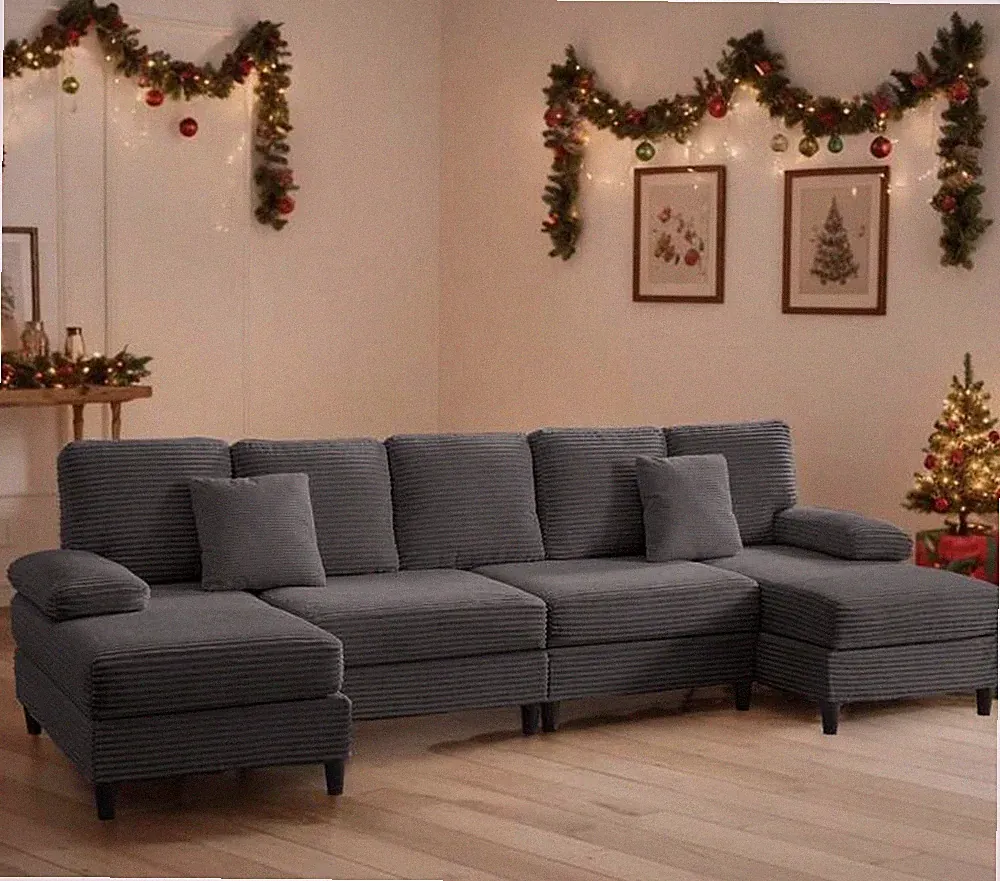 Grey Corduroy U-Shaped Sectional Sofa
