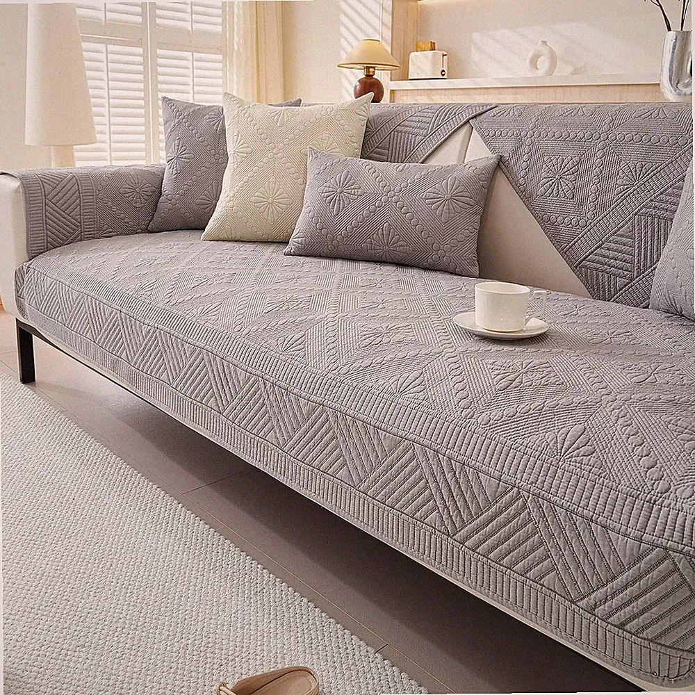 Grey Cotton Quilted Sofa Cover Washable Non Slip Sectional Couch Protector
