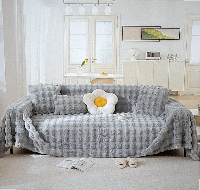 Grey Couch Cover 1-Piece Universal Thick Faux Rabbit Fur Sofa Throw Cover Warm