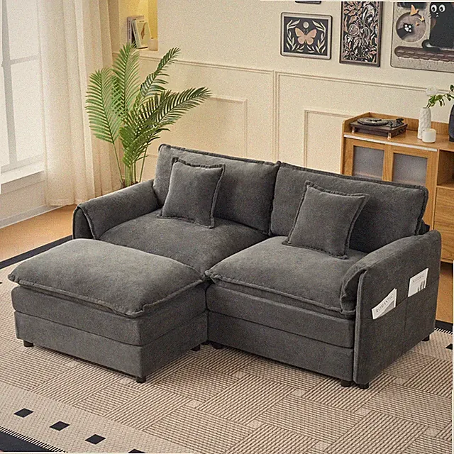 Grey Deep Seat Sectional Sofa Cloud Couch Ottoman Chenille Comfy Seat L Couch