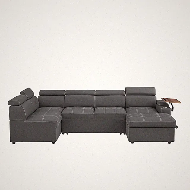 Grey Fabric Sectional Sofa with Storage Ottoman