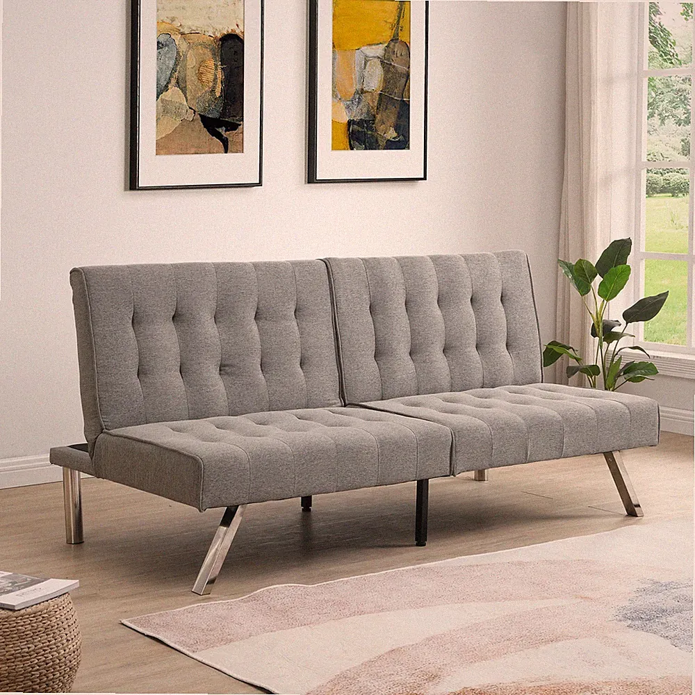 Grey Faux Linen Futon Sofa Bed, 68.1" x 32.9" x 32.3", 650 lbs