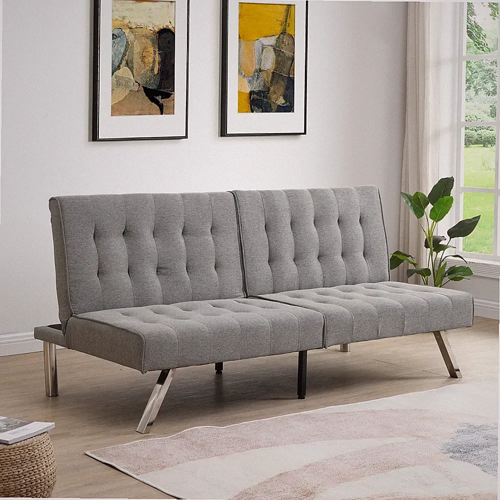 Grey Faux Linen Futon Sofa Bed Wood Frame 68.1" x 32.9"