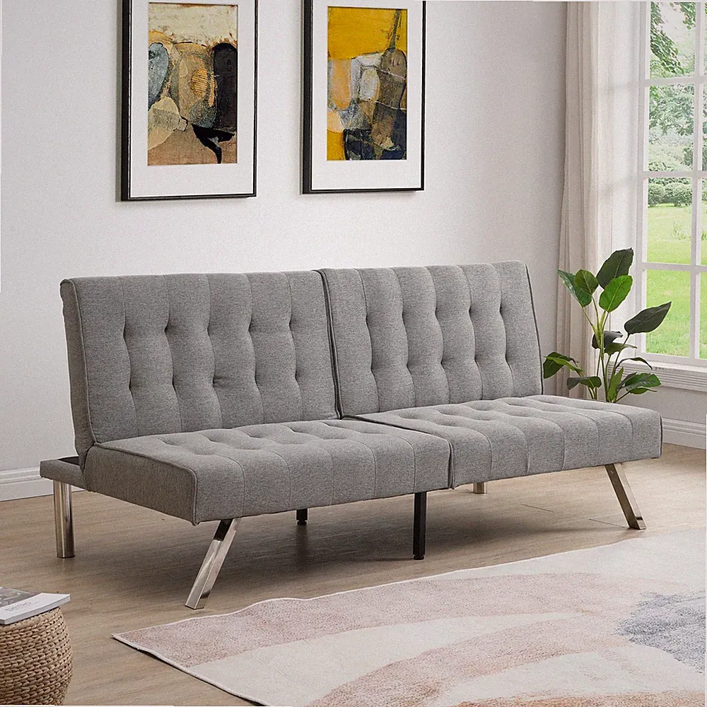 Grey Faux Linen Futon Sofa Bed Wood Frame Stainless Leg
