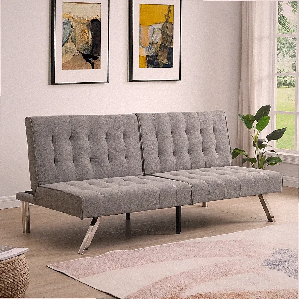 Grey Faux Linen Sofa Bed, 68.1" x 32.9", Converts to 68.1" Bed