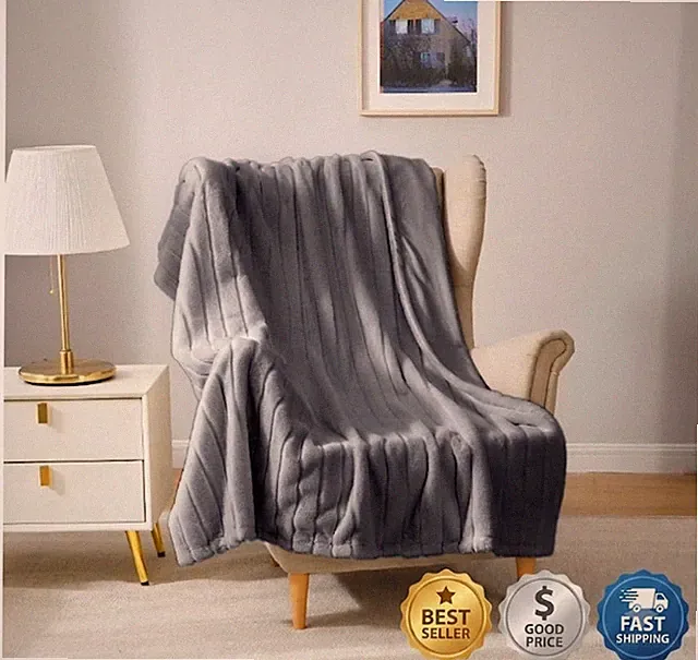 Grey Flannel Stripe Faux Fur Throw Blanket 50x60 Soft Cozy Blanket