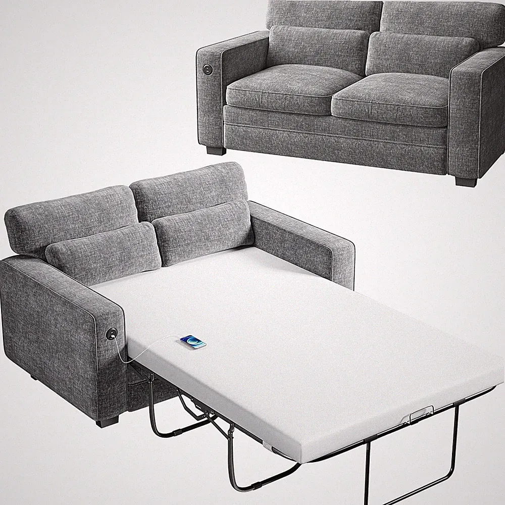 Grey Full Size Pull Out Sofa Bed With Memory Foam Mattress And 2 USB Ports