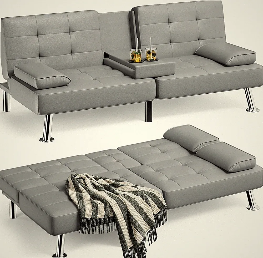 Grey Futon Sofa Bed Leather Recliner Couch with Removable Armrests Cup Holders