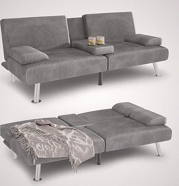 Grey Futon Sofa Bed with Adjustable Backrest & Cup Holders for Living Room