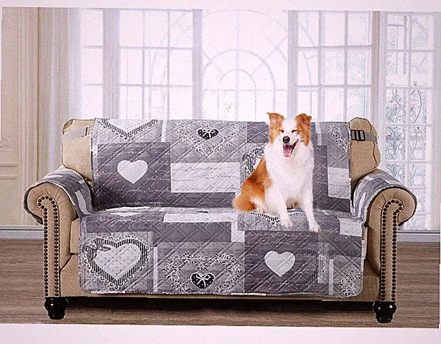Grey Heart Love Patchwork Couch Cover, Quilted Oversized Loveseat Slipcover,...