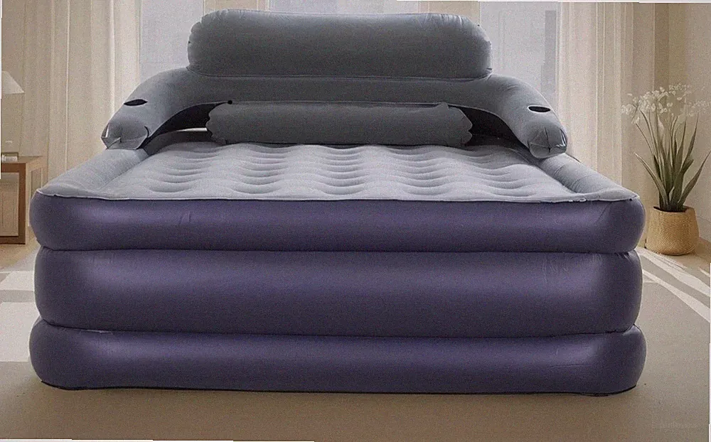 Grey Inflatable Bed Queen Air Mattress with Detachable Headboard and Cup Holder