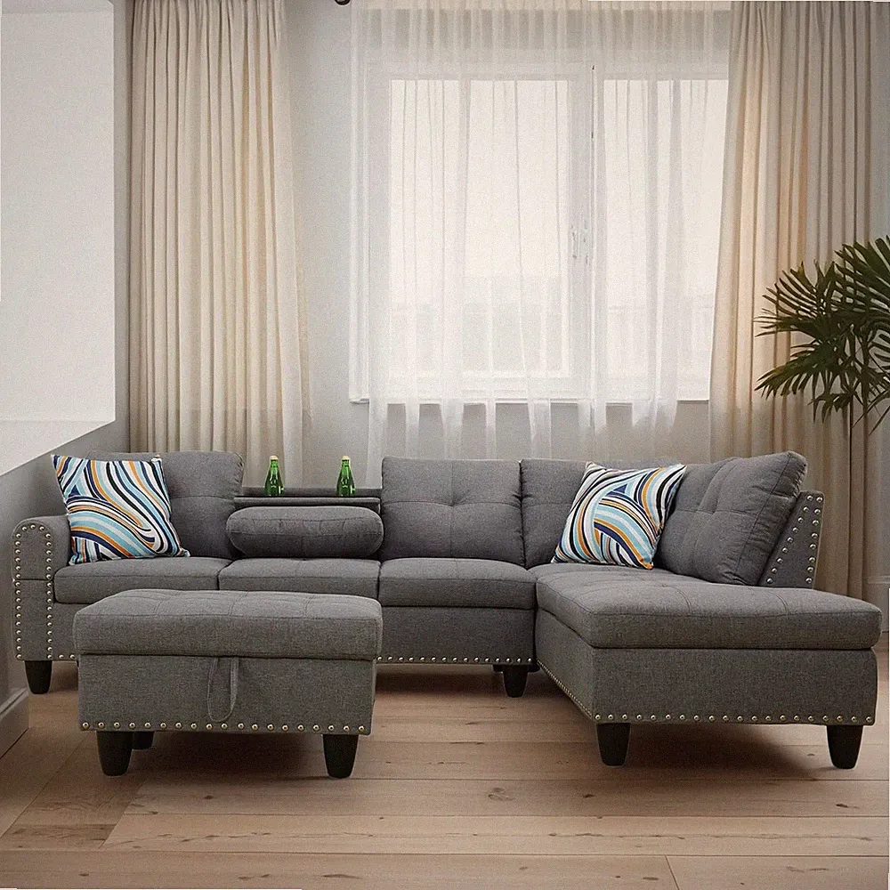 Grey L-Shaped Sectional Couch with Storage Ottoman for Living Room or Office