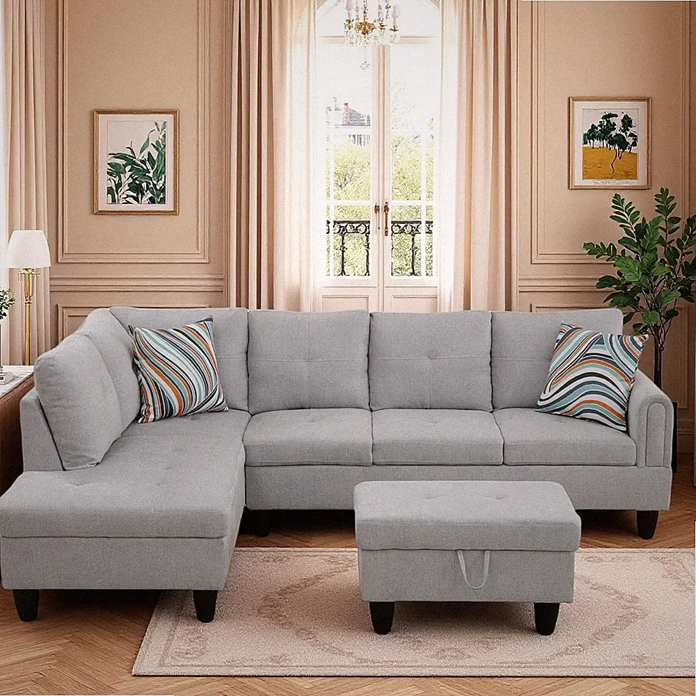 Grey L-Shaped Sectional Sofa with Chaise & Storage Ottoman for Small Spaces