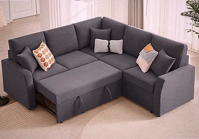 Grey Linen Reversible L-Shaped Sofa Bed with Storage, 85" Sectional Couch