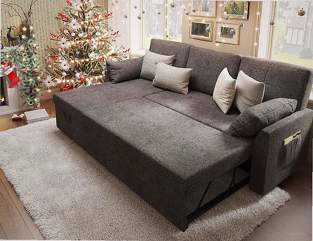 Grey Linen Sleeper Sofa Bed with Storage Chaise - 2 in 1 Couch for Living Room