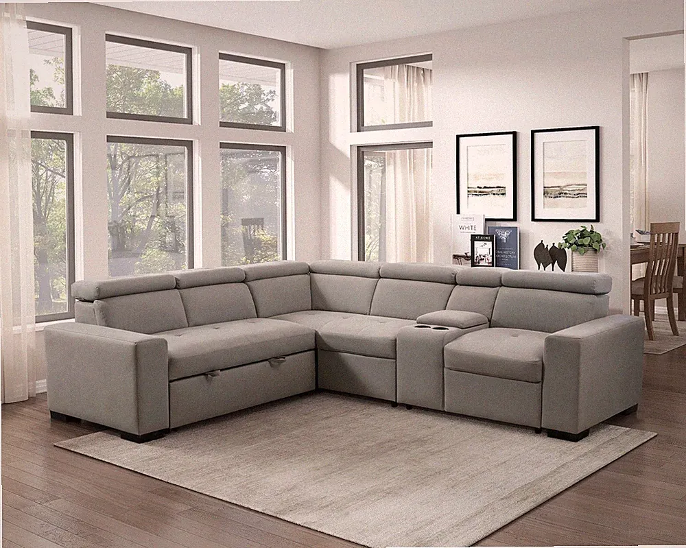 GREY MICROFIBER SOFA STORAGE SECTIONAL PULLOUT BED ADJUSTABLE HEADREST FURNITURE