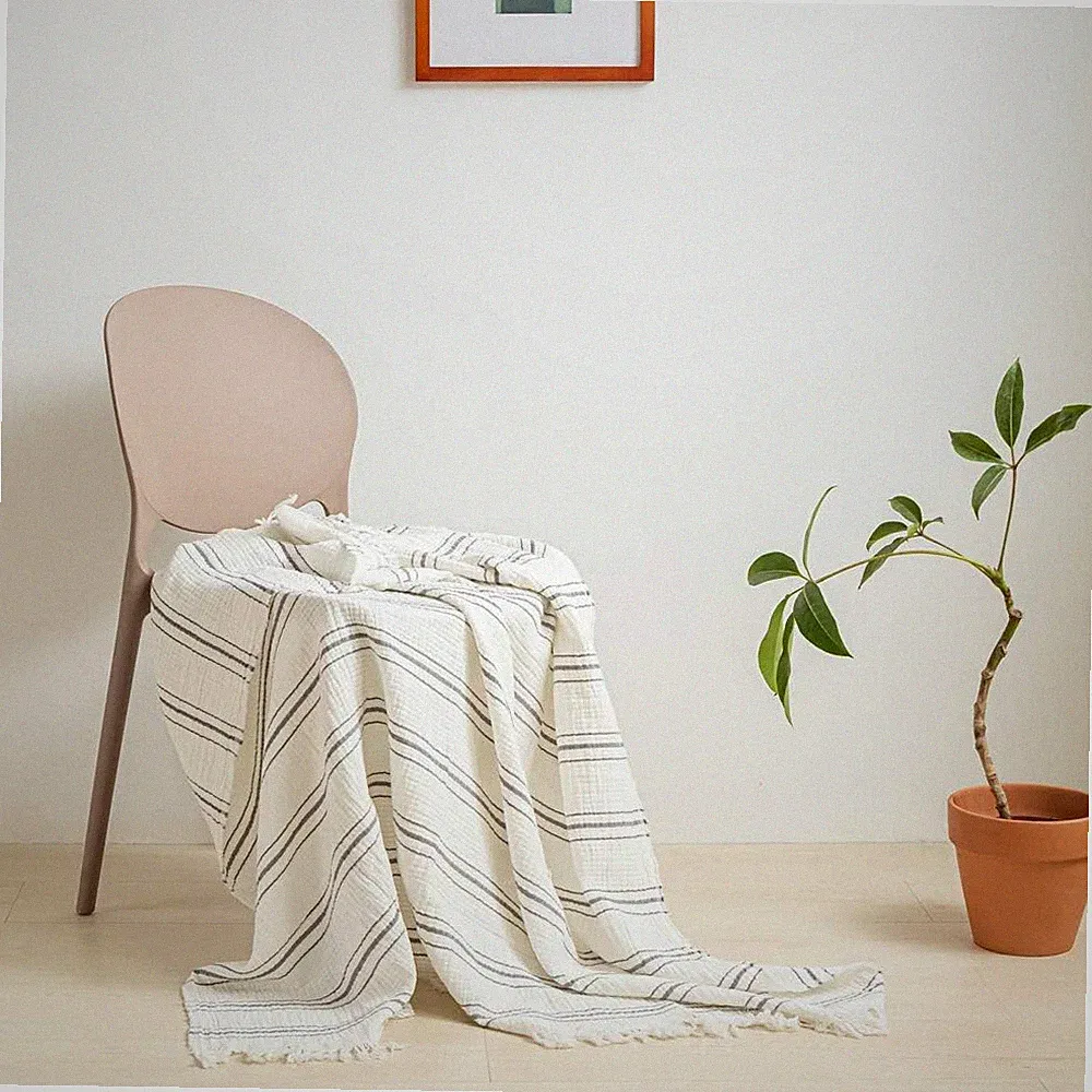 Grey Muslin Cotton Throw Blanket 50x60 Woven Tassel Sofa Bed All Season Throw