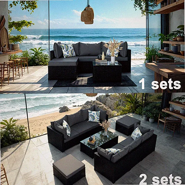 Grey Patio Furniture Set Outdoor Sectional Sofa with Table Rattan Wicker Couch
