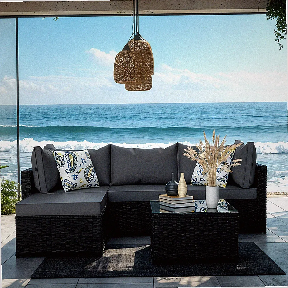 Grey Patio Furniture Set Outdoor Sectional Sofa with Table Rattan Wicker Couch