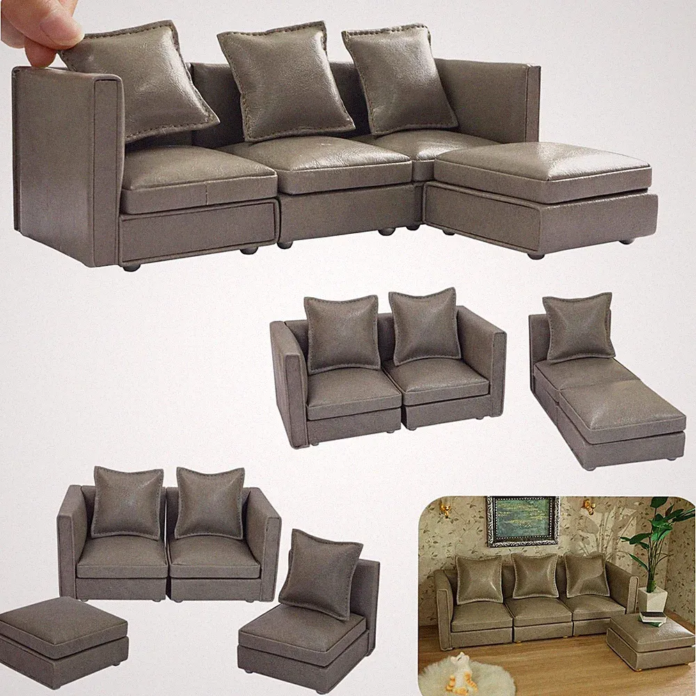 Grey Rock-Gray Faux Leather Sectional Dollhouse Sofa Couch Set Furniture