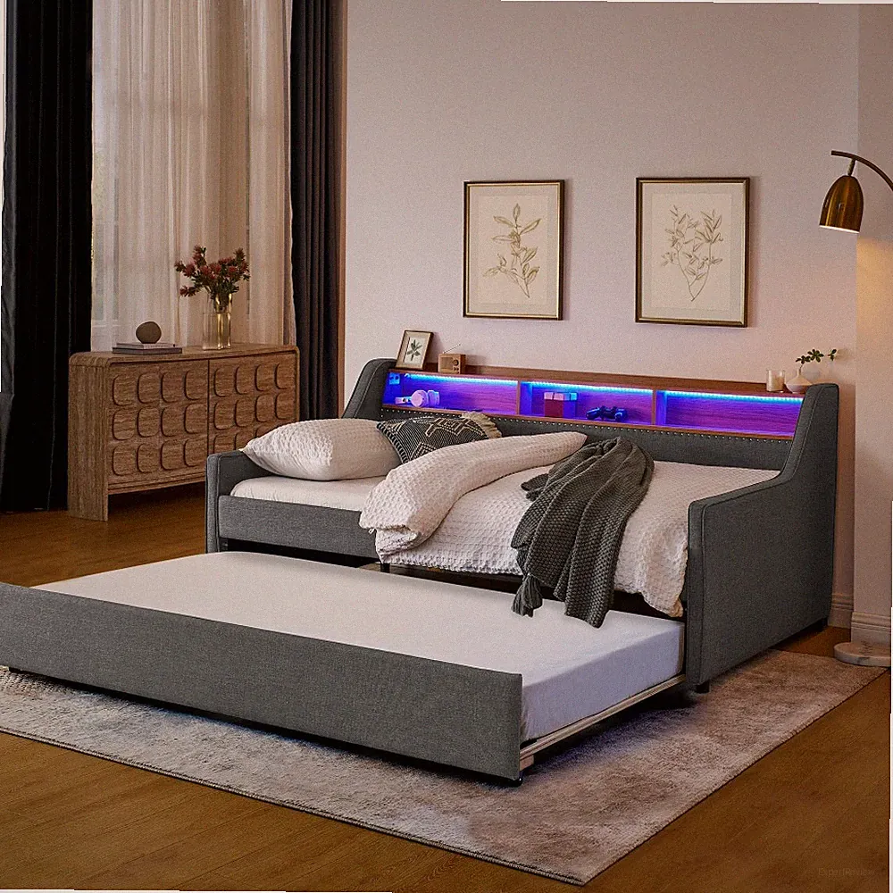 Grey Twin Sofa Bed, LED, Storage, Adjustable Headboard, Trundle, Wireless